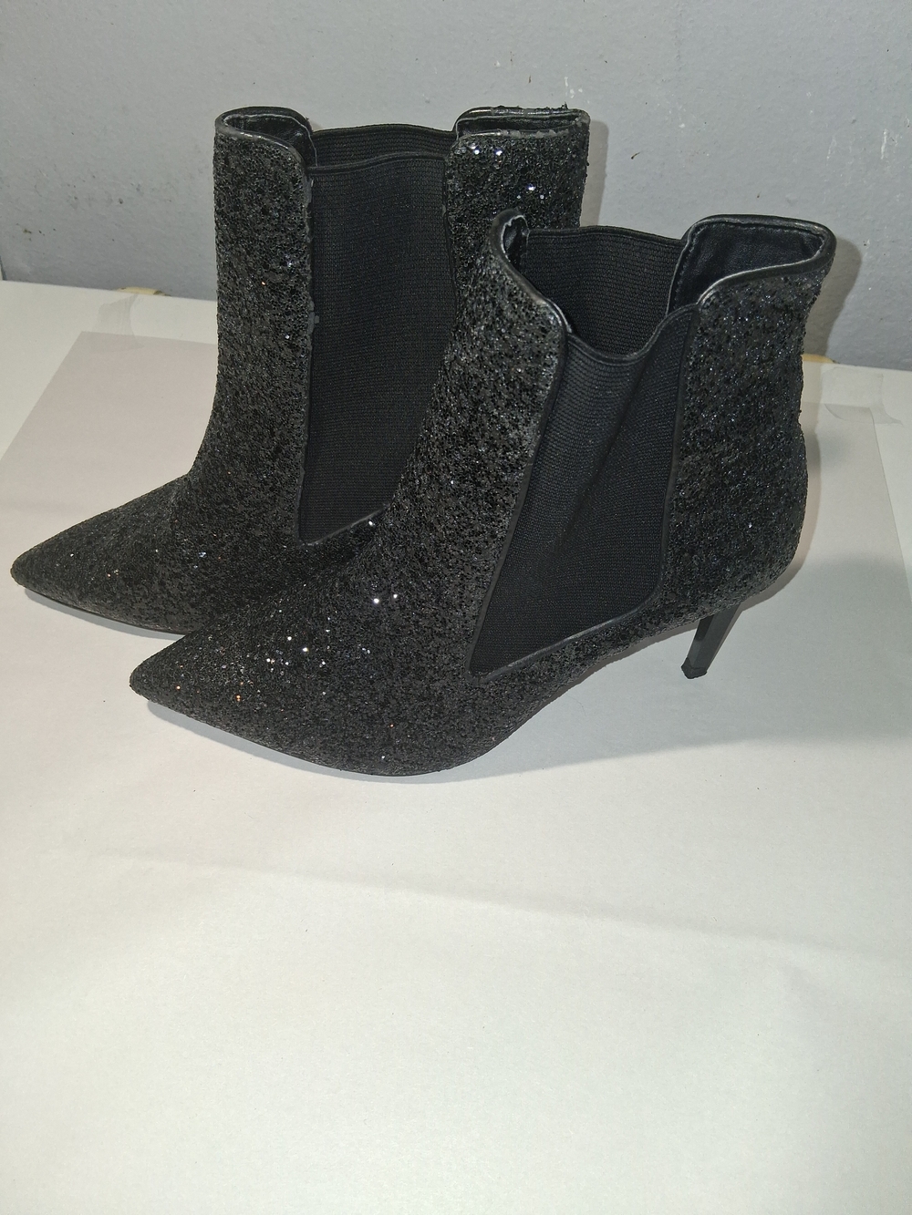 Zara Black Glitter Pointed Chelsea Ankle Boots with Kitten Heel